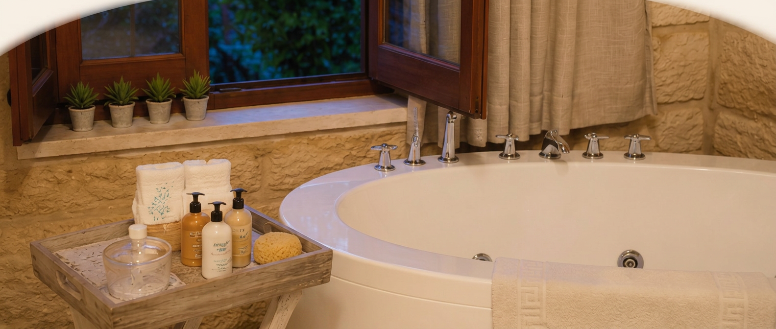 Stone bathtub beside a wooden shuttered window in a Serenity boutique house